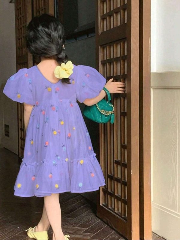 lavender floral puff sleeve girl's dress