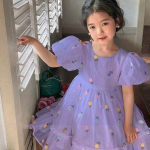 lavender floral puff sleeve girl's dress