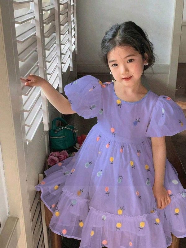 lavender floral puff sleeve girl's dress