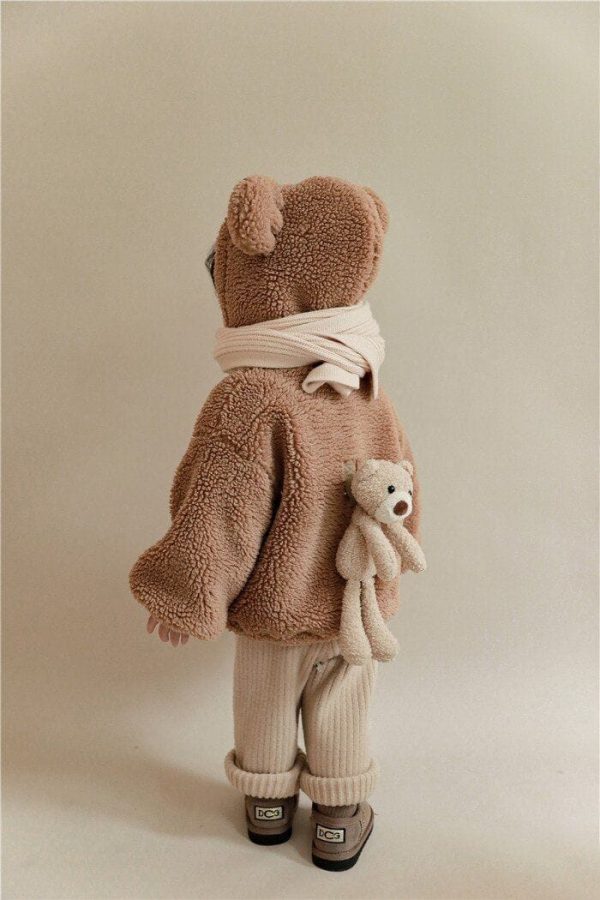 lamb fur winter coat with plush teddy bear