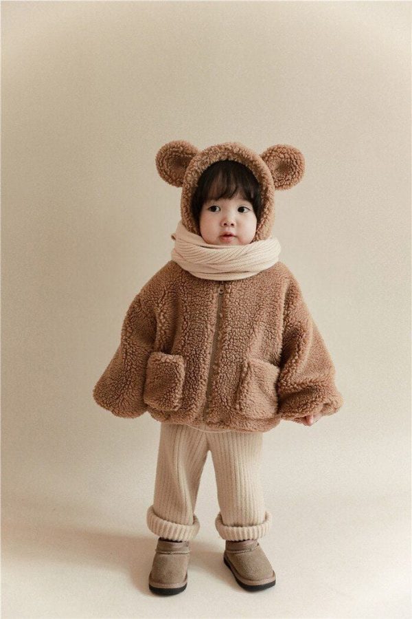 lamb fur winter coat with plush teddy bear