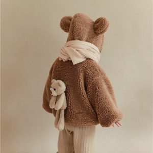lamb fur winter coat with plush teddy bear