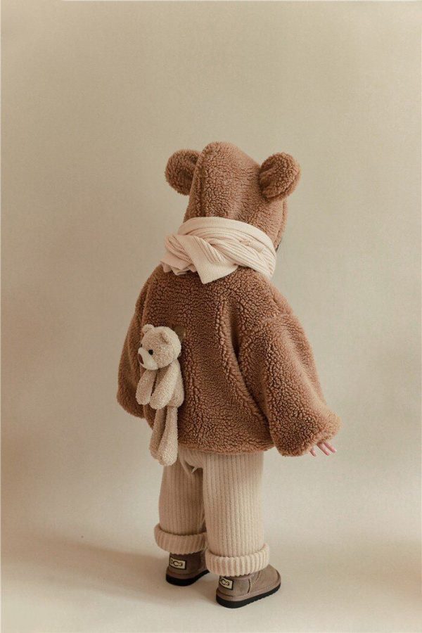 lamb fur winter coat with plush teddy bear