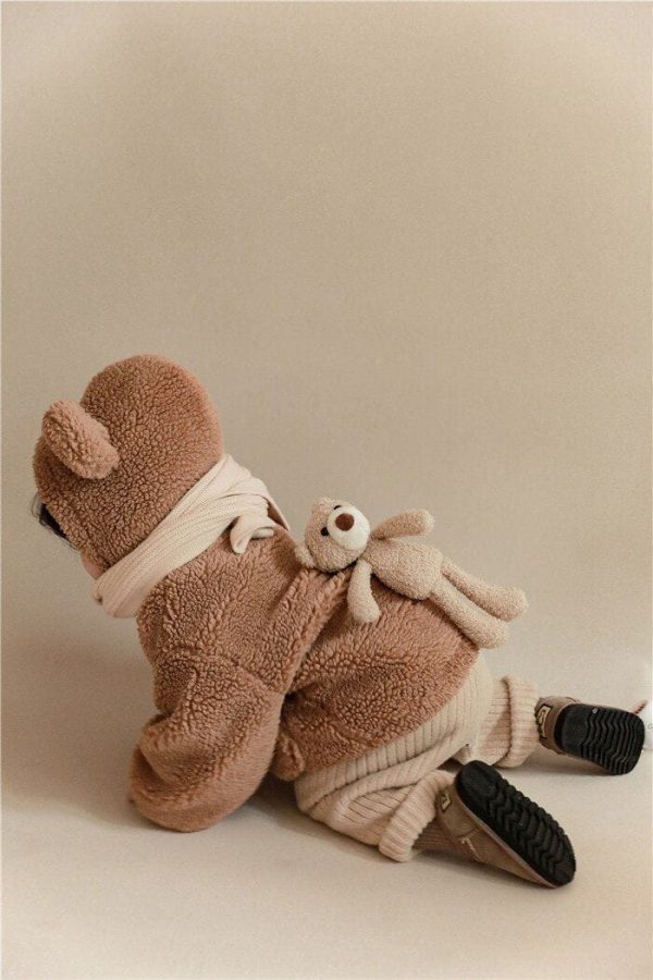 lamb fur winter coat with plush teddy bear
